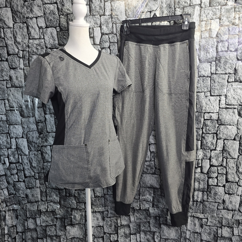 Heather Grey Cherokee Scrubs iFlex V Neck Knit Panel Top & Pants XS